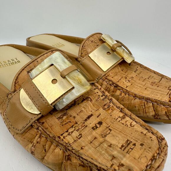 Vintage Stuart Weitzman Square Toe Cork Mules With Gold/Acrylic Buckle Size 4 - Picture 4 of 16